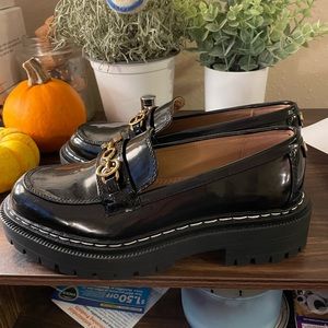 BRAND NEW Sam Edelman Black Platform Patent Leather Loafers with Gold Bit